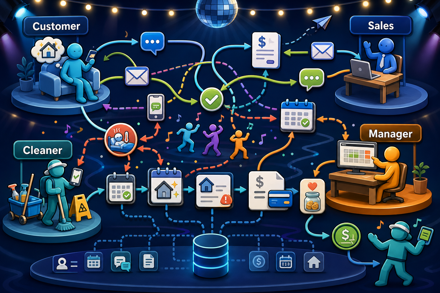 MyTidyBiz role handoffs across customer, sales, manager, and cleaner workflows