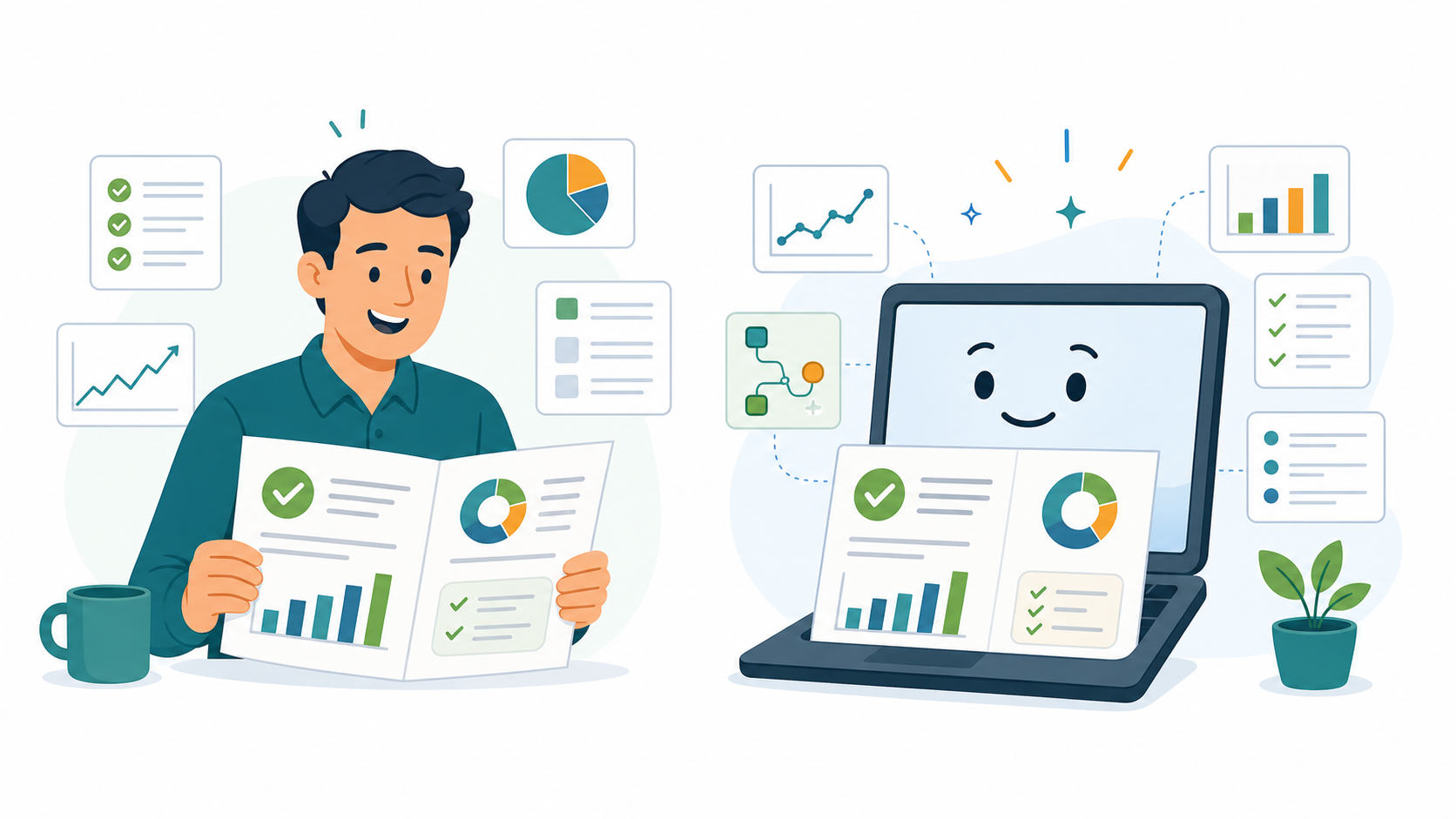 A human and a computer both reading QA reports from the same evidence-rich OAQA output
